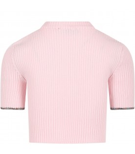 Pink sweater for girl with multicolor embroidered logo
