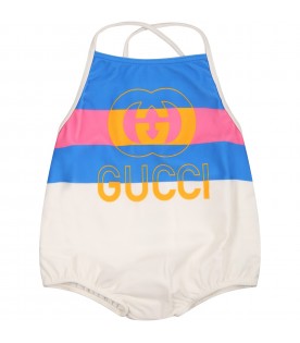 Ivory swimssuit for baby girl with Vinatge print and iconic double GG