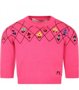 Fuchsia sweater for girl with embroidered flowers