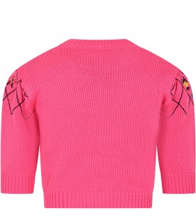 Fuchsia sweater for girl with embroidered flowers