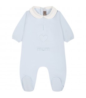 Light blue onesie for baby boy with writing and heart