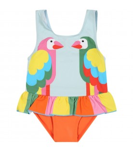 Multicolor swimsuit for baby girl with parrots print