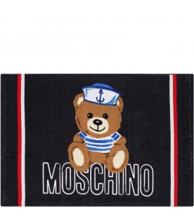 Blue beach-towel for kids with Teddy Bear and logo