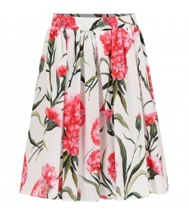 White skirt for girl with carnation print and logo