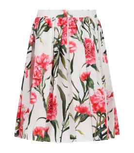 White skirt for girl with carnation print and logo