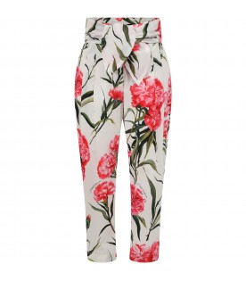 White trousers for girl with carnation print and logo