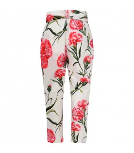 White trousers for girl with carnation print and logo