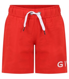 Red swim boxer for boy with logo and 4G pattern