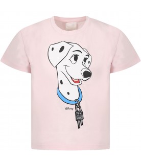 Pink t-shirt for girl with 101 Dalmatians print and logo