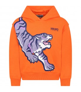 Orange sweatshirt for boy with tiger and logo