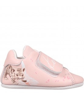 Pink sneakers for baby girl with tiger print and logo