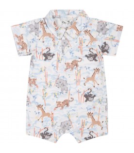 White romper for boy with animal print and logo