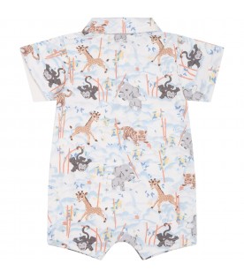 White romper for boy with animal print and logo