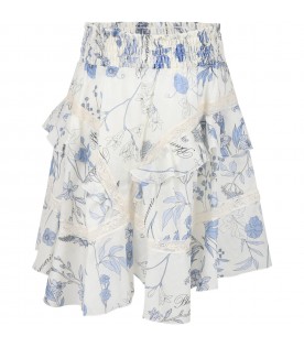 White skirt for girl with floral print and logo