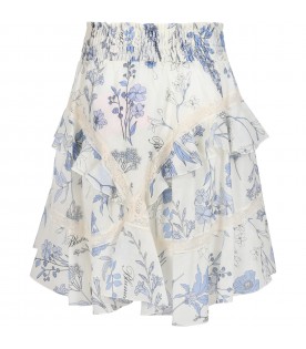 White skirt for girl with floral print and logo