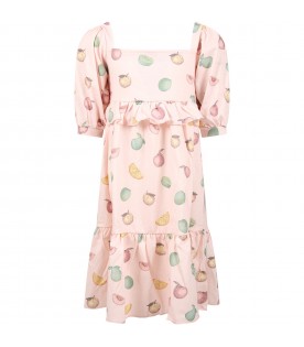 Pink dress for girl with fruit print