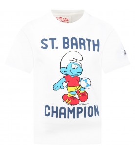 White t-shirt for boy with Smurf print, "Champion" writing and logo