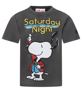 Gray t-shirt for boy with  Snoopy print, "Saturday Night" writing and logo