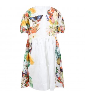 Multicolor dress for girl with  floral, tropical fruit and butterfly print.