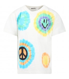 Ivory T-shirt for kids with  tie-dye print, peace symbol and smiley