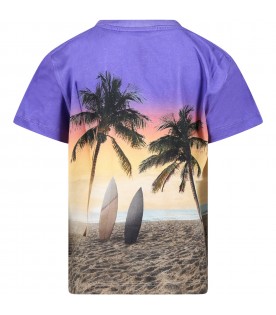 Multicolor t-shirt for boy with sunset with palm trees and jeep print