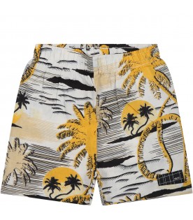 Multicolor shorts for baby boy with palm tree print and logo