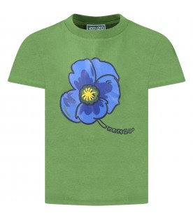 Green t-shirt for boy with iconic red poppy and logo