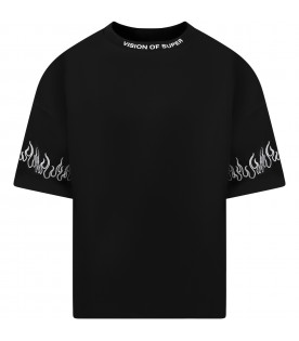Black t-shirt for boy with flames and logo
