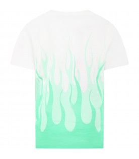 White t-shirt for boy with green flames and logo