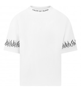 White t-shirt for boy with flames and logo