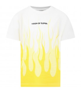 White t-shirt for boy with yellow flames and logo