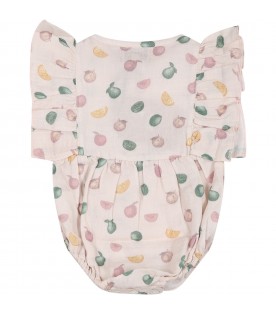 Pink romper for baby girl with fruit print