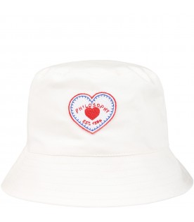 White cloche for girl with heart patch and logo