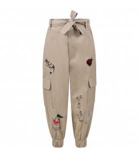 Beige trousers for girl with multicolor print and logo