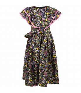 Multicolor dress for girl with floral print and logo