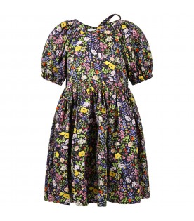 Multicolor dress for girl with floral print and logo