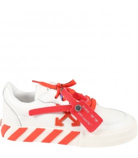 White sneakers for kids with iconic red arrows
