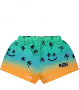 Multicolor beach-boxer for baby boy with palms and logo
