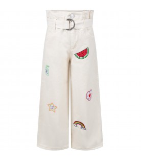 Ivory trousers for girl with patch and logo