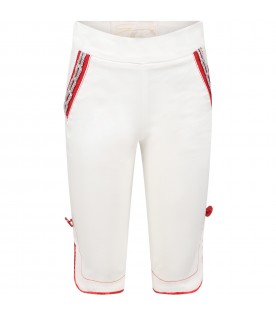 White trousers for girl with red details and logo