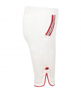 White trousers for girl with red details and logo