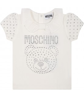 White t-shirt for baby girl with Teddy bear and logo