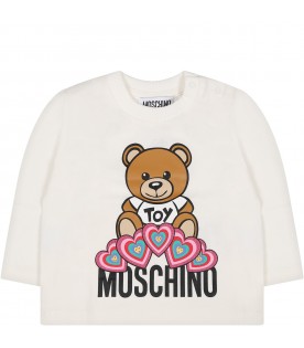 White t-shirt for baby girl with teddy bear, logo and hearts