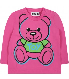 Fuchsia t-shirt for baby girl with Teddy Bear and logo