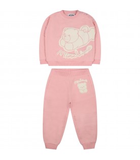 Pink suit for baby girl with Teddy Bear and logo