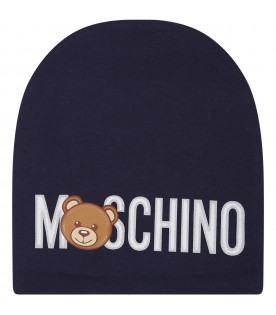 Blue hat for baby kids with Teddy Bear and logo