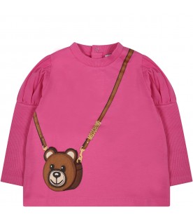 Fuchsia t-shirt for baby girl with Teddy Bear and logo print