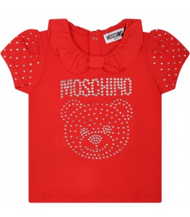 Red t-shirt for baby girl with Teddy bear and logo