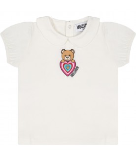 White t-shirt for baby girl with Teddy bear, heart and logo