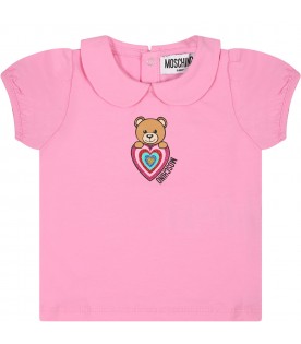 Pink t-shirt for baby girl with Teddy bear, heart and logo